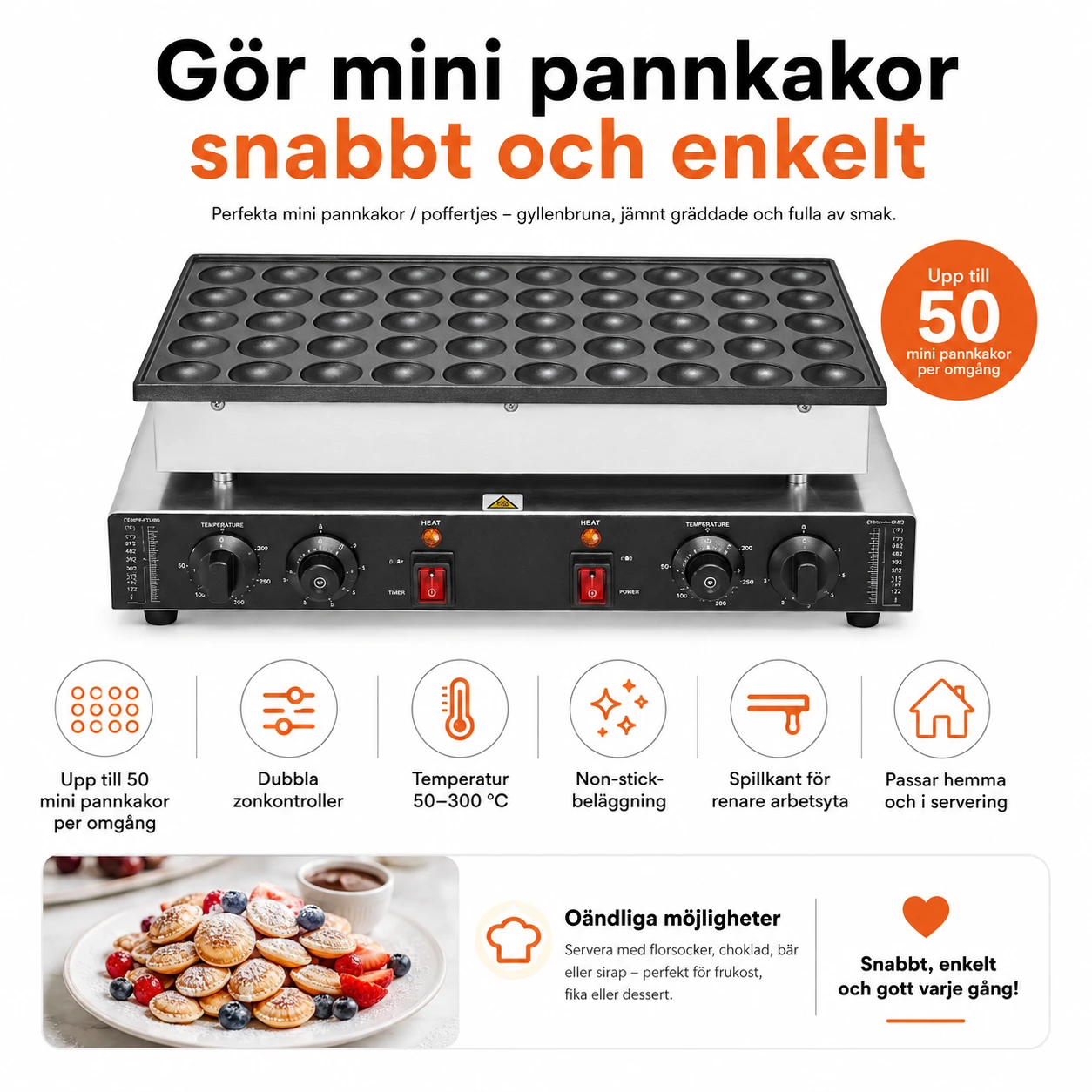 Mini pannkaksmaskin för poffertjes med dubbla zonkontroller