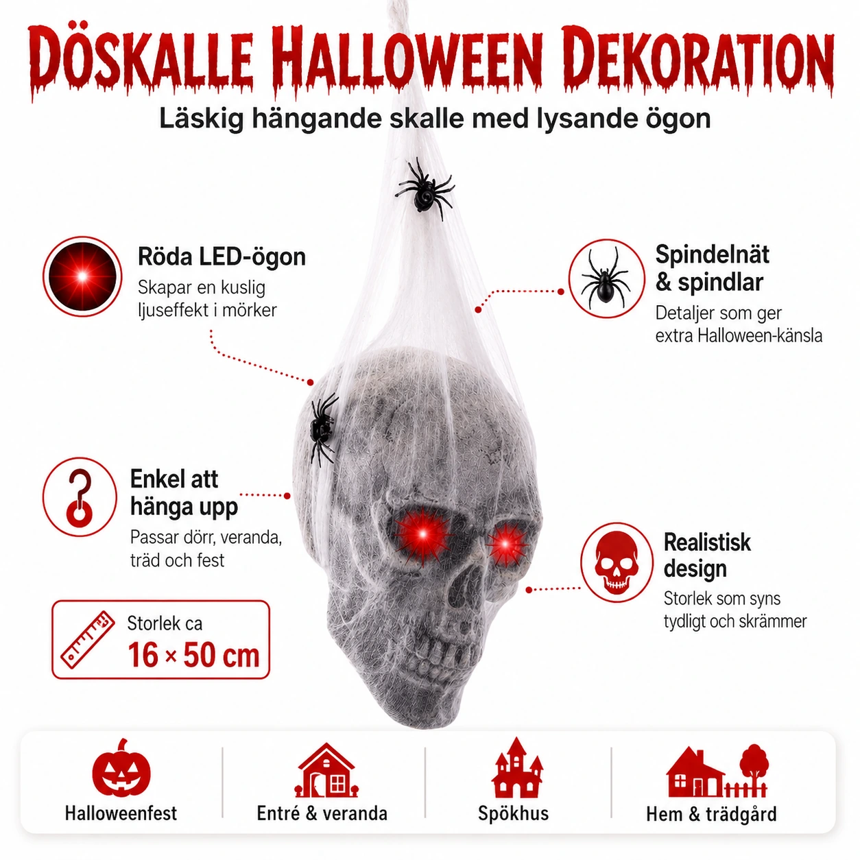 Döskalle Halloween Dekoration – Läskig Hängande Skalle med Ljus