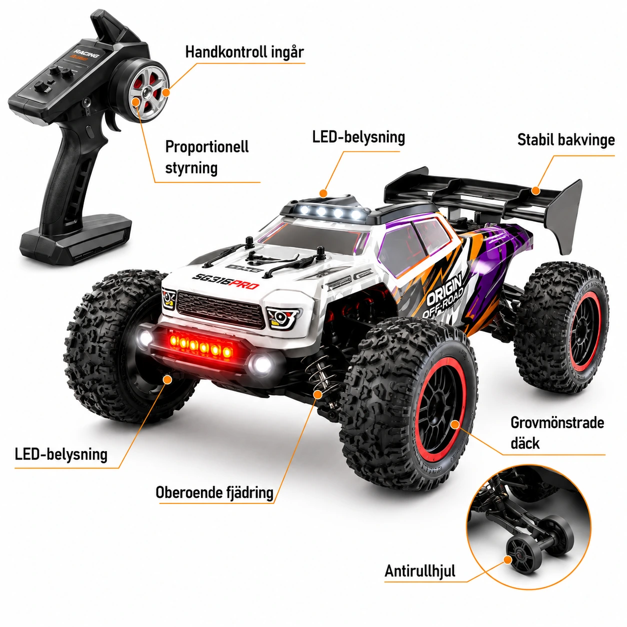Radiostyrd terrängbil 4WD med LED och 2,4 GHz kontroll