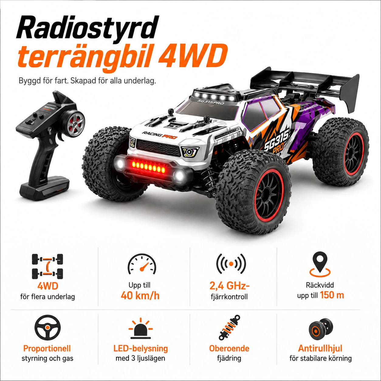Radiostyrd terrängbil 4WD med LED och 2,4 GHz kontroll