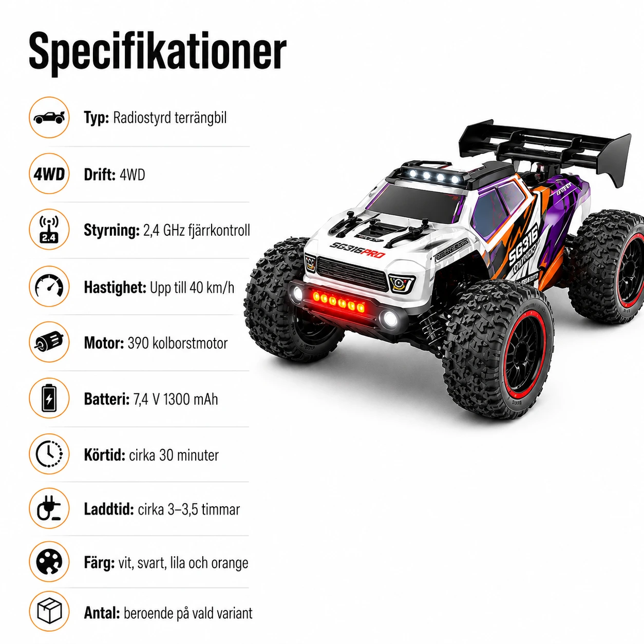 Radiostyrd terrängbil 4WD med LED och 2,4 GHz kontroll