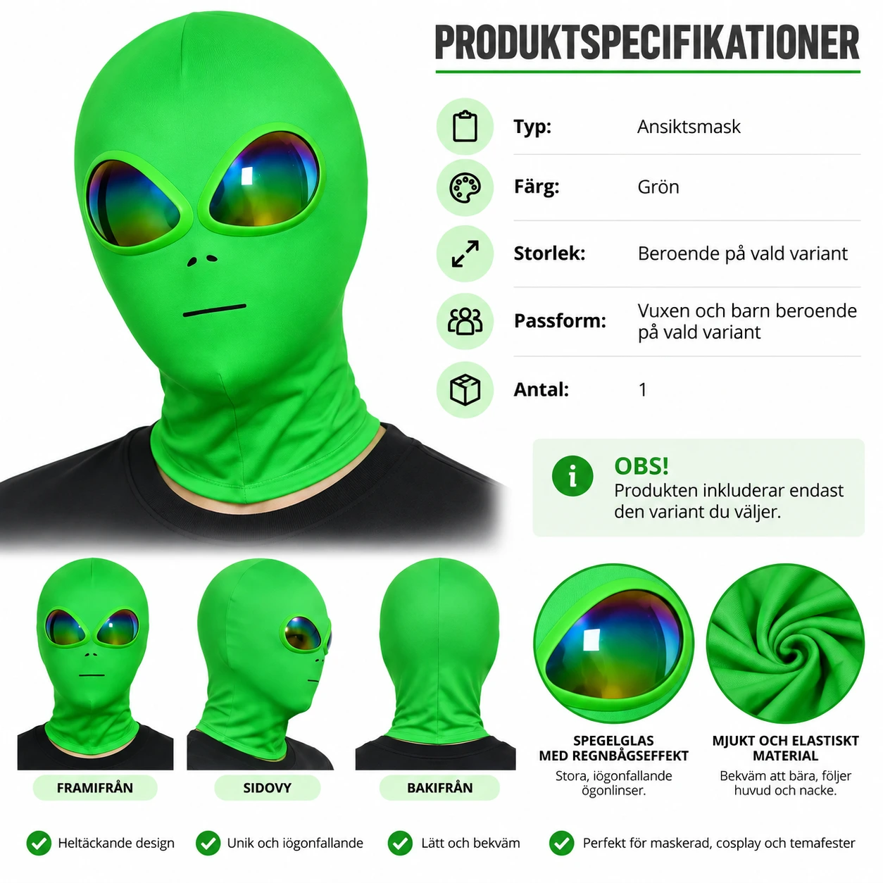 Ansiktsmask alien heltäckande med regnbågsfärgade linser