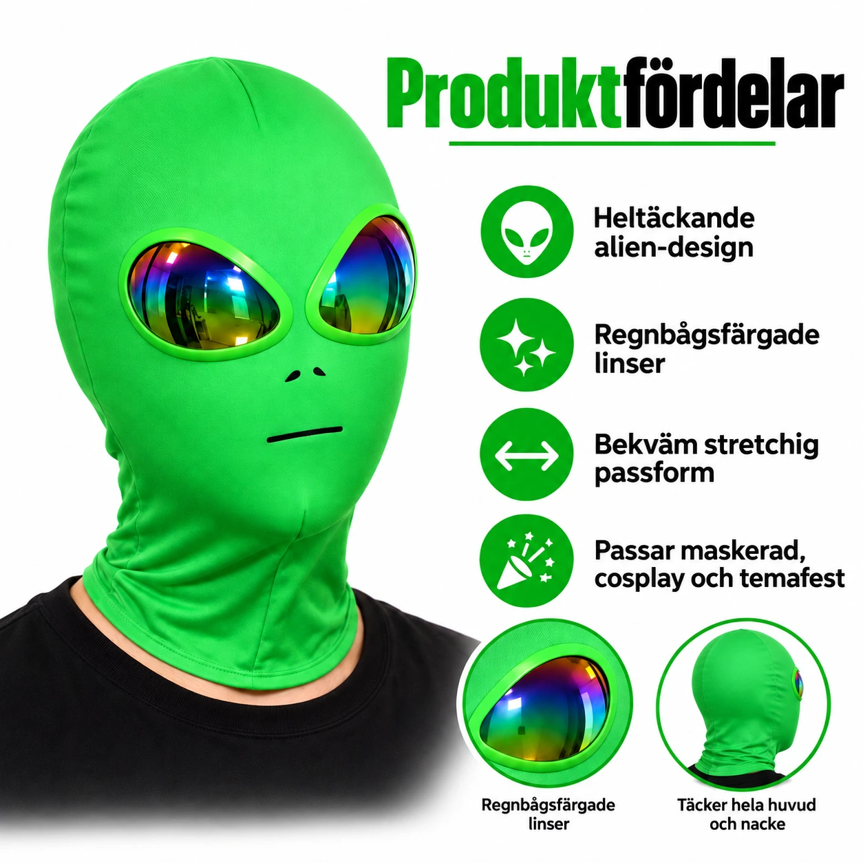 Ansiktsmask alien heltäckande med regnbågsfärgade linser