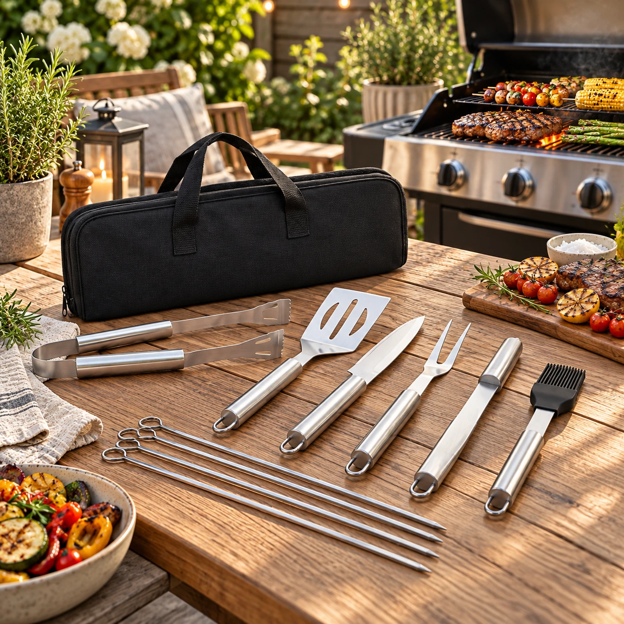 Grillbestickset med väska i rostfritt stål, 9 delar