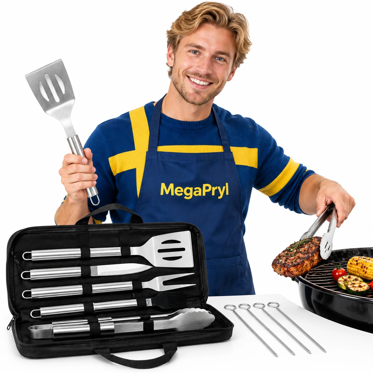 Grillbestickset med väska i rostfritt stål, 9 delar