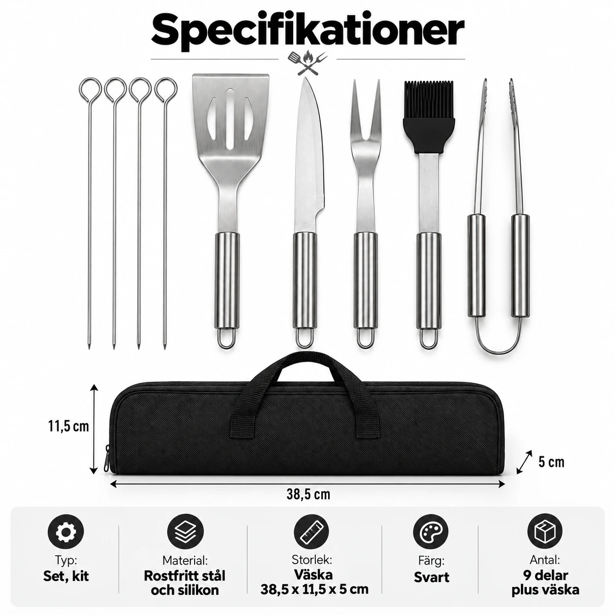 Grillbestickset med väska i rostfritt stål, 9 delar