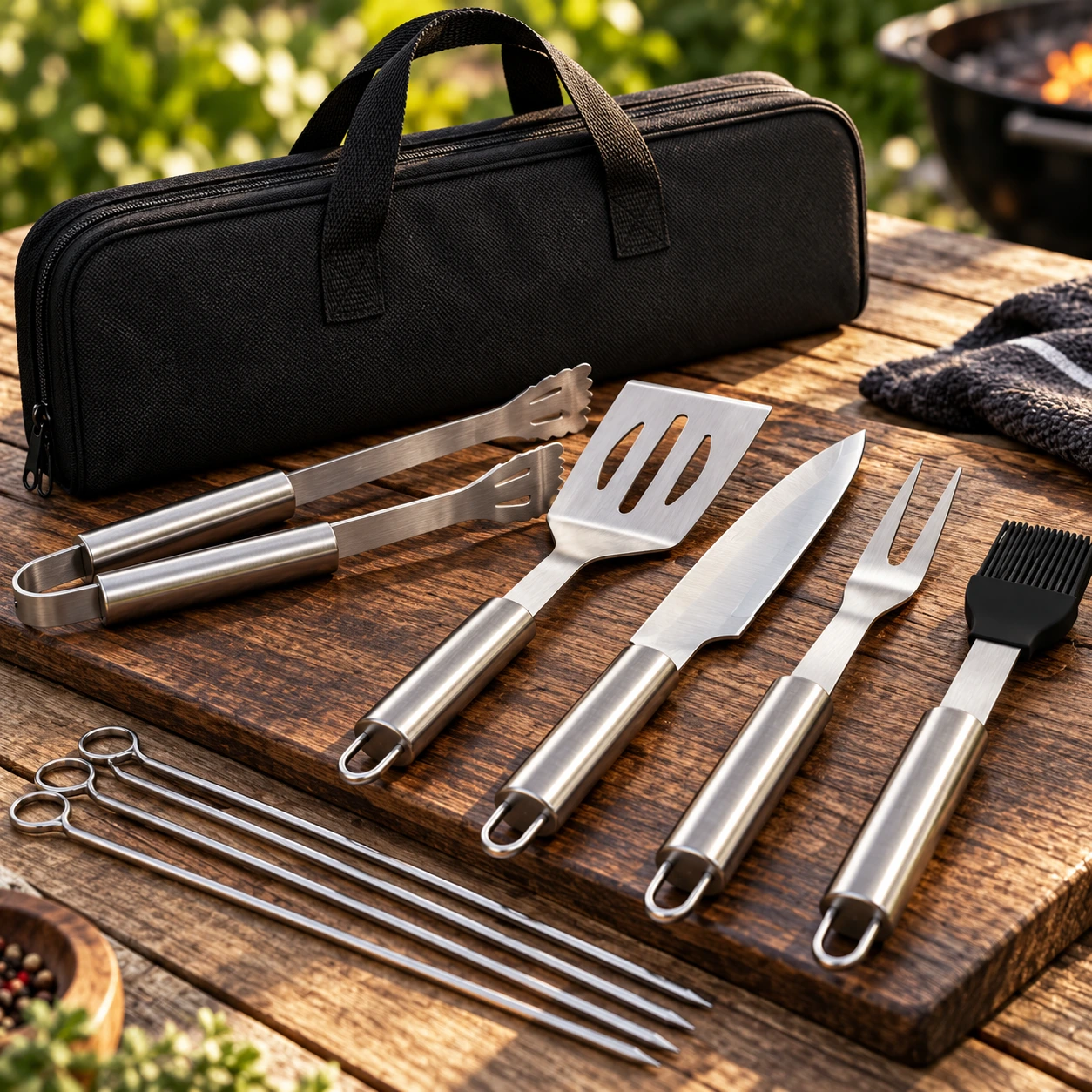 Grillbestickset med väska i rostfritt stål, 9 delar