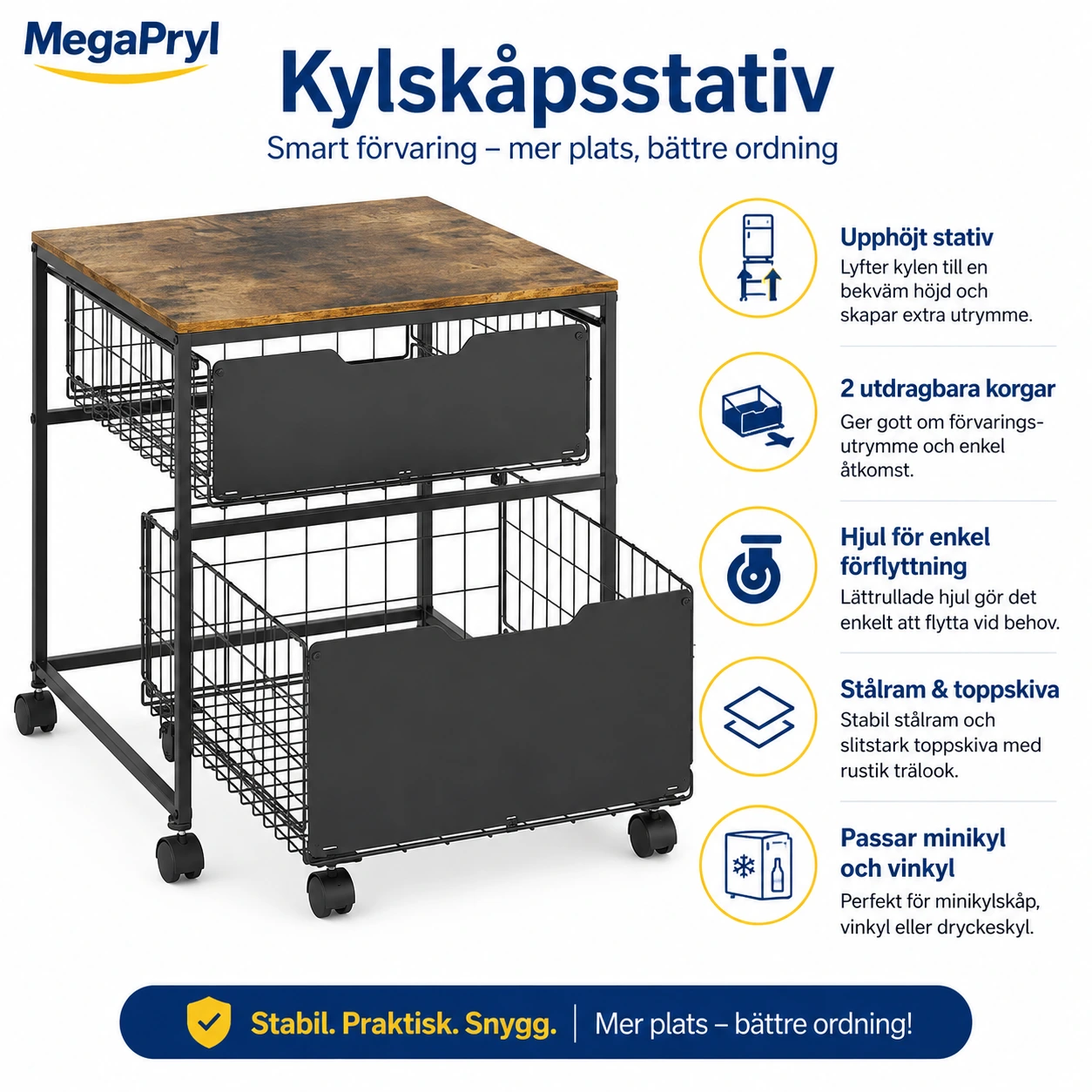 Kylskåpsstativ med förvaringskorgar på hjul