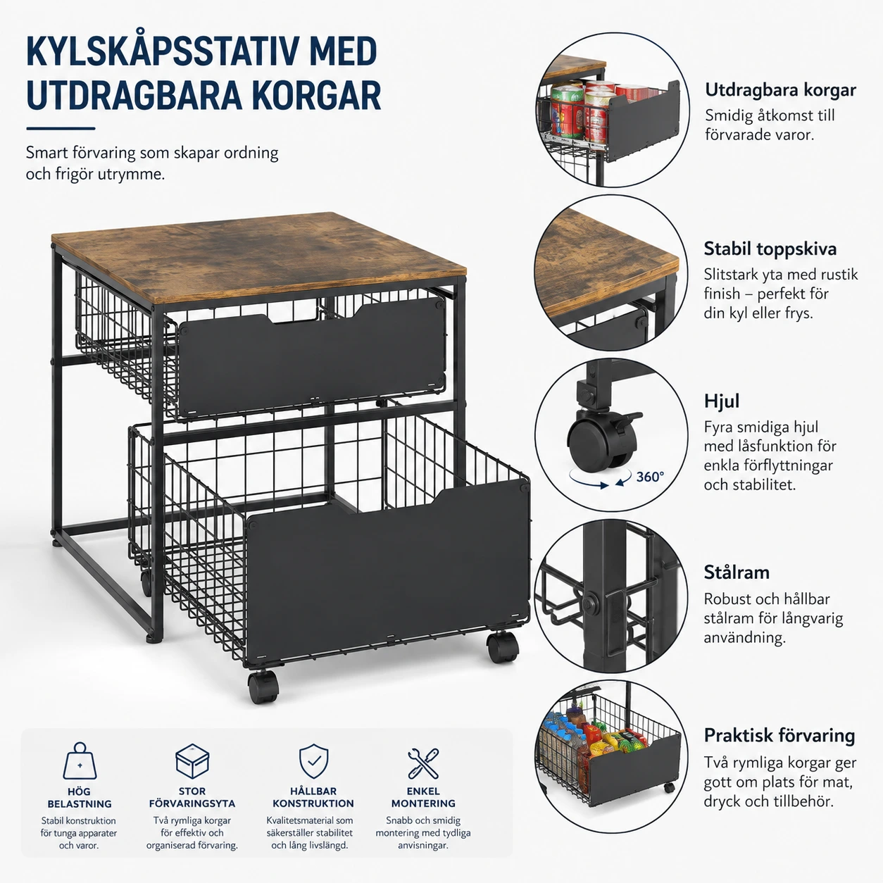 Kylskåpsstativ med förvaringskorgar på hjul