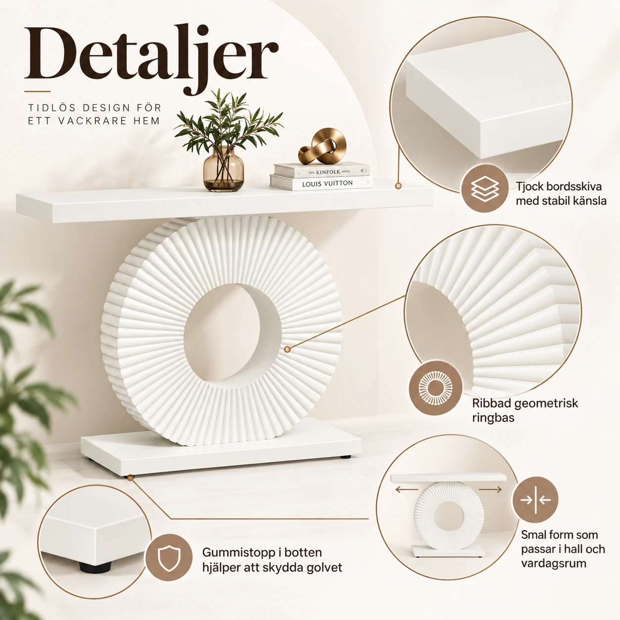 Konsolipöytä geometrisella pyöreällä jalustalla