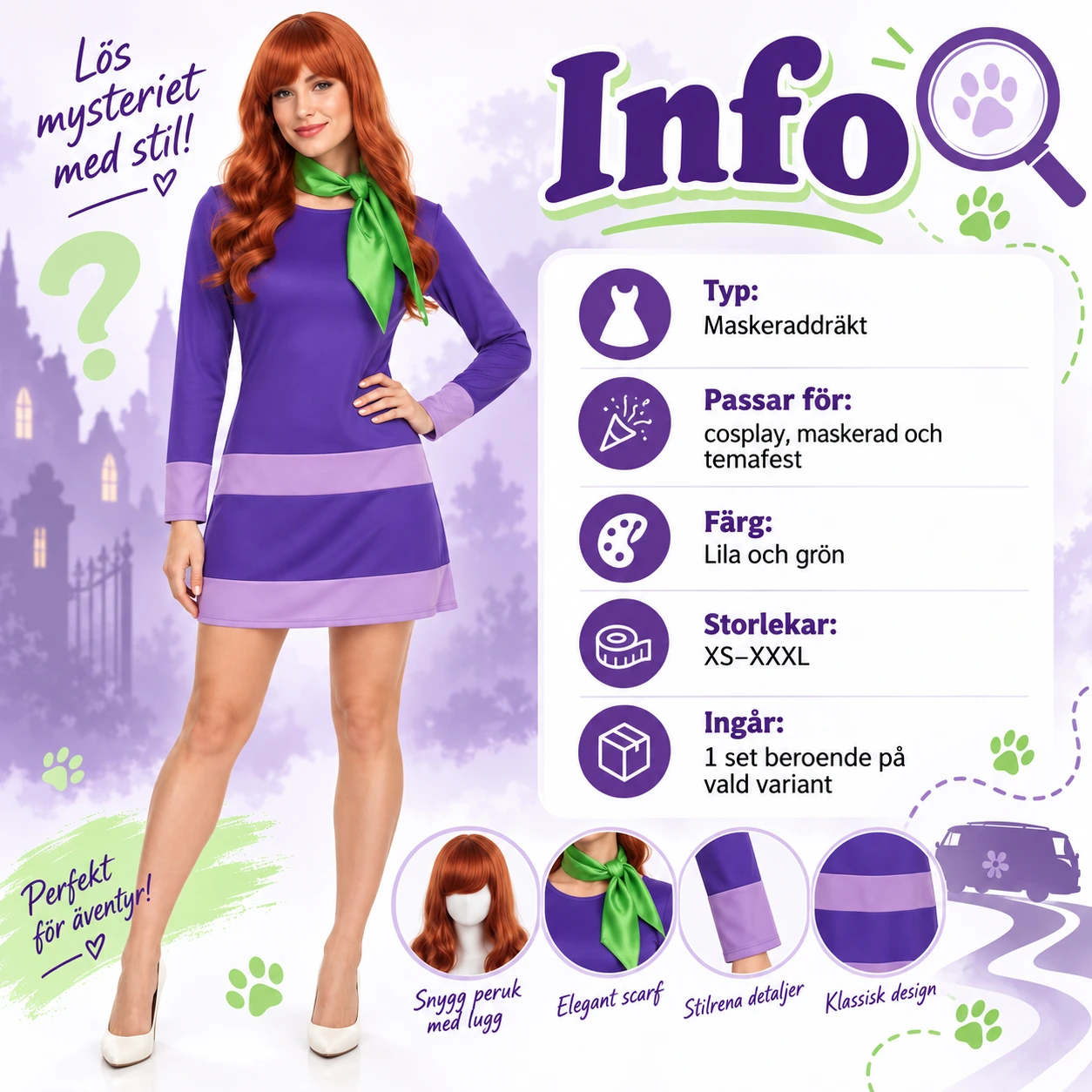 Violetti naamiaismekko vihreällä huivilla