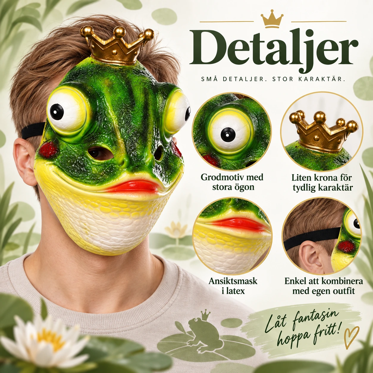 Froskemaske i lateks med krone
