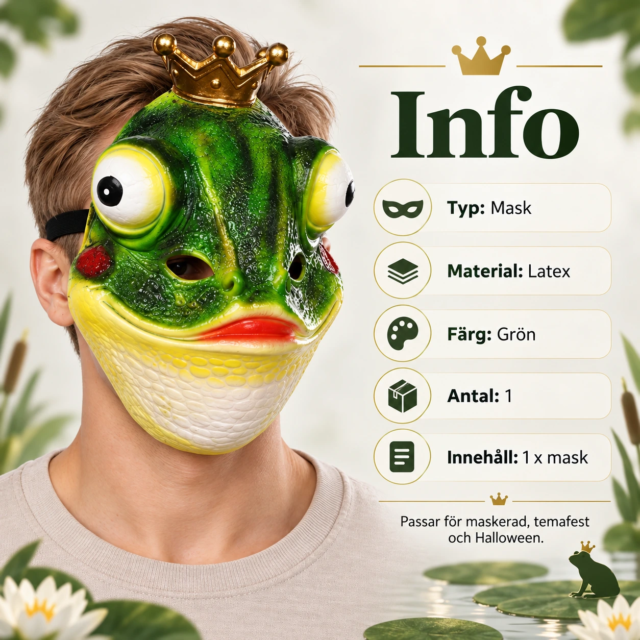 Froskemaske i lateks med krone