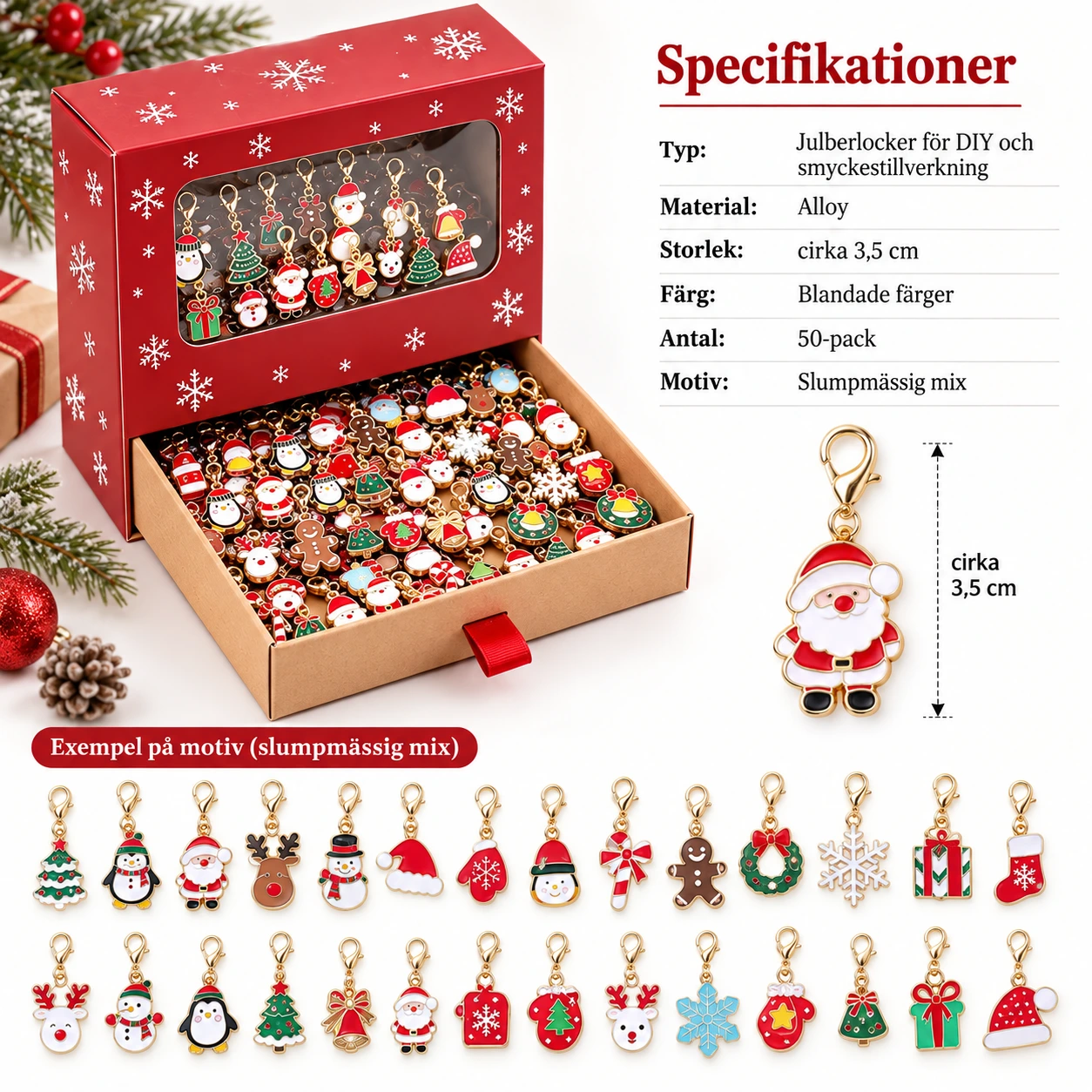 50-pack Julberlocker för smyckestillverkning i blandade motiv