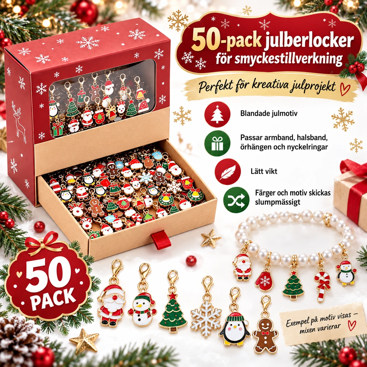 50-pack Julberlocker för smyckestillverkning i blandade motiv