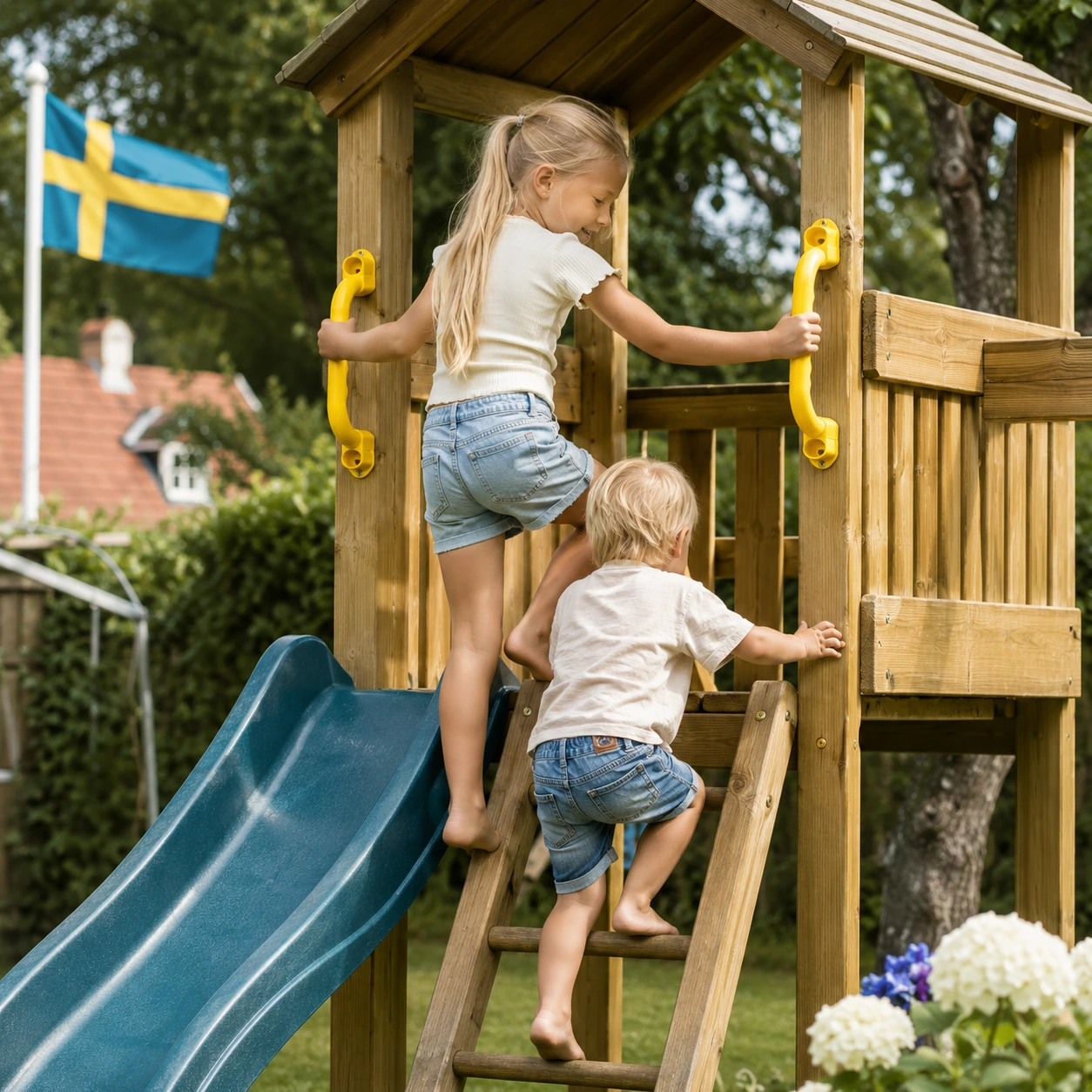 Lekplatsgrepp för klätterställning och lekstuga