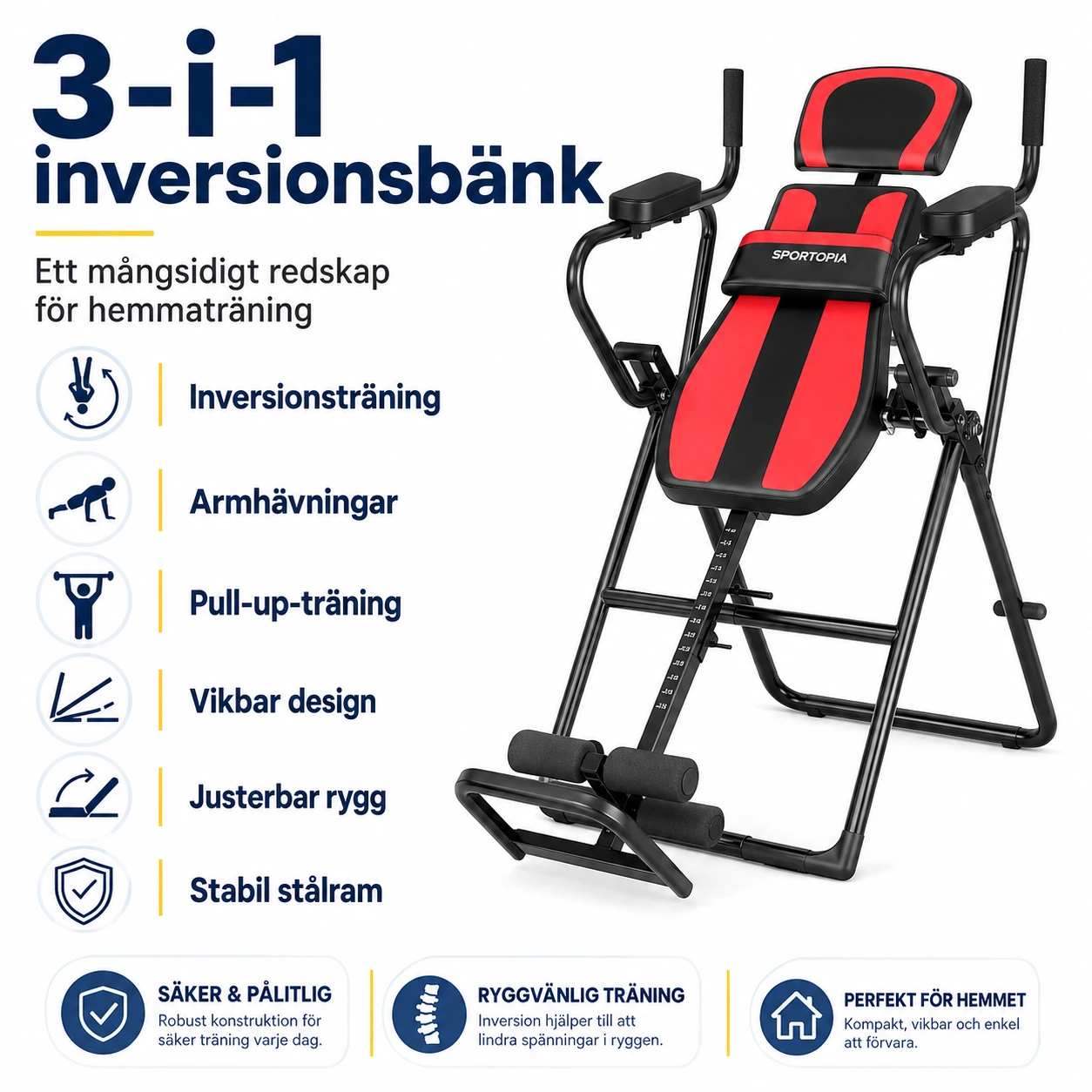 Inversionsbänk 3-i-1 för hemmaträning med justerbar rygg