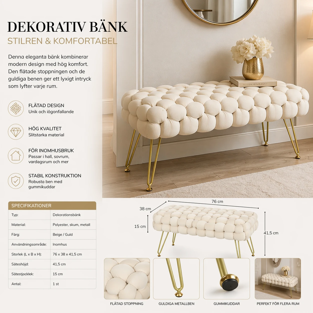 Stilren Sittbänk i Sammet – Flätad Design & Metallben – 76 cm