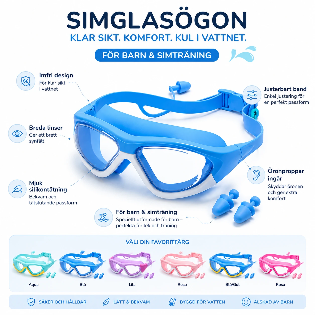 Simglasögon med Öronproppar – För Barn & Simträning
