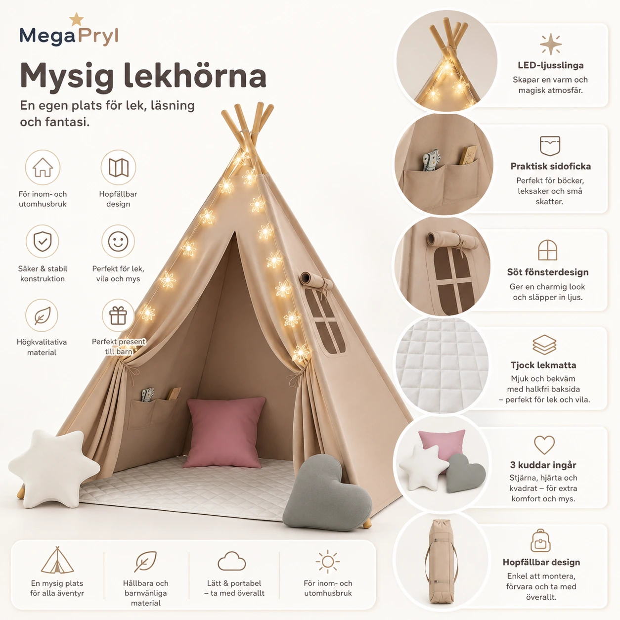Tipitält för barn med lekmatta och LED-ljusslinga