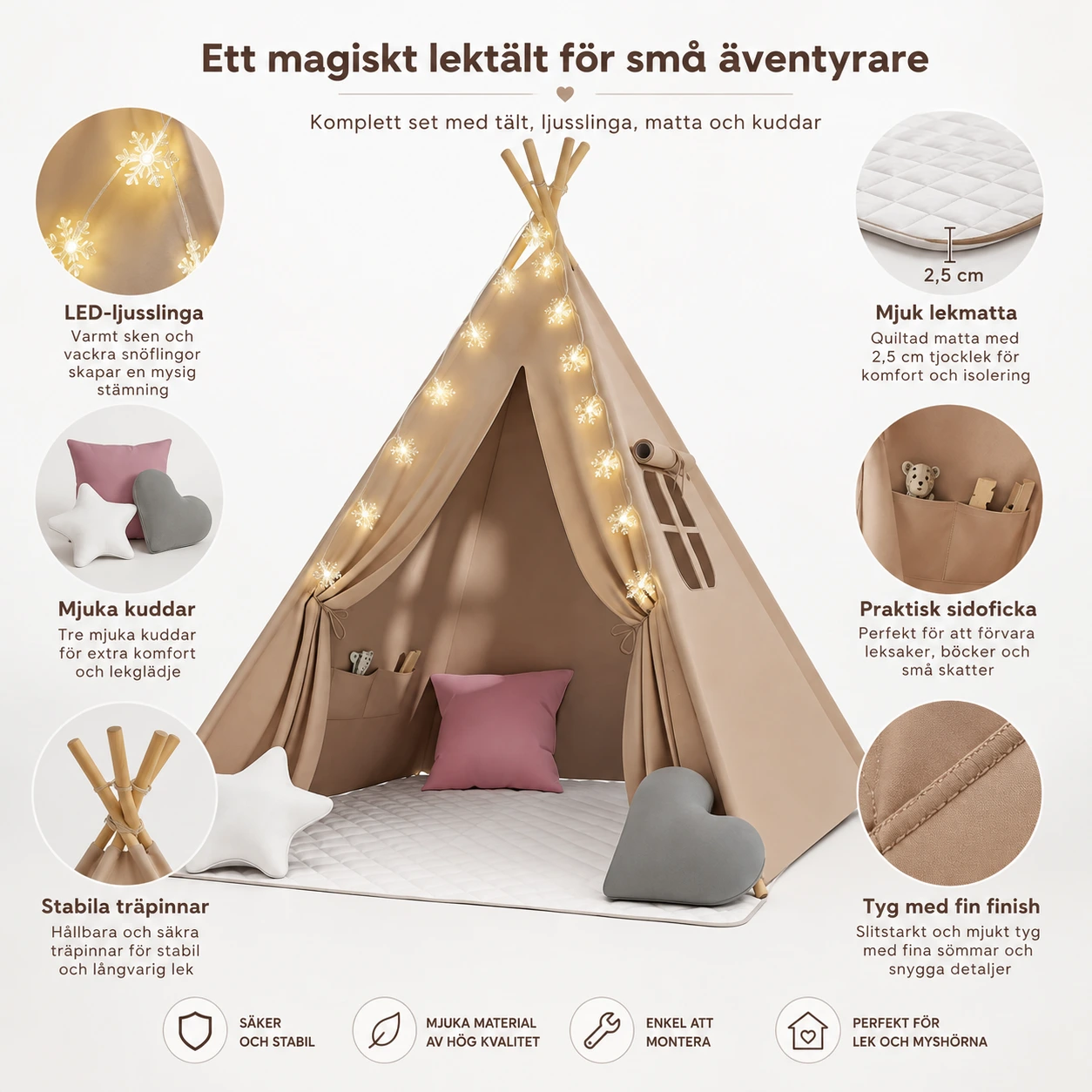Lasten tipiteltta leikkimatolla ja LED-valosarjalla