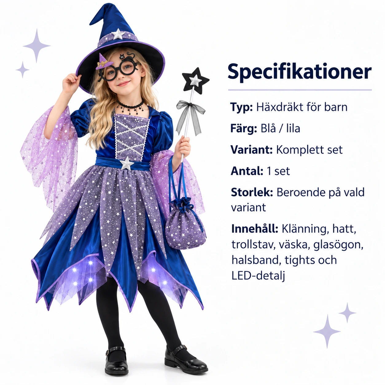 Häxdräkt barn med klänning, hatt och trollstav blå lila