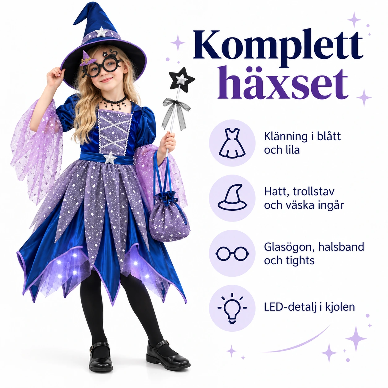 Häxdräkt barn med klänning, hatt och trollstav blå lila