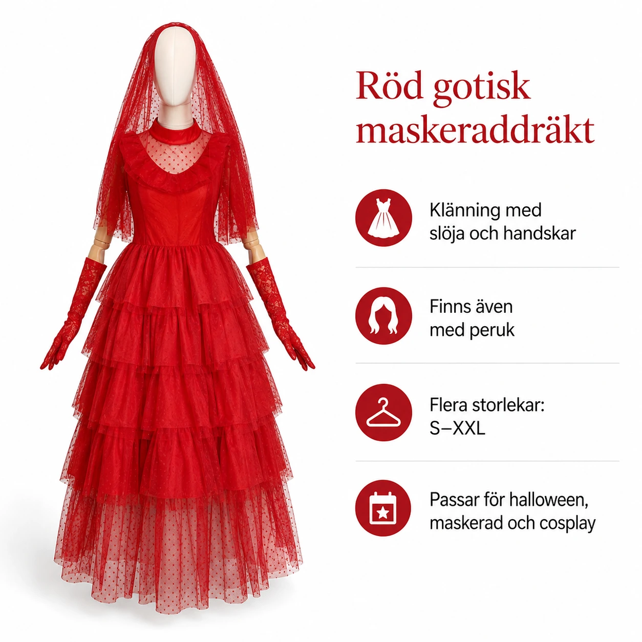 Röd gotisk maskeraddräkt med slöja och handskar