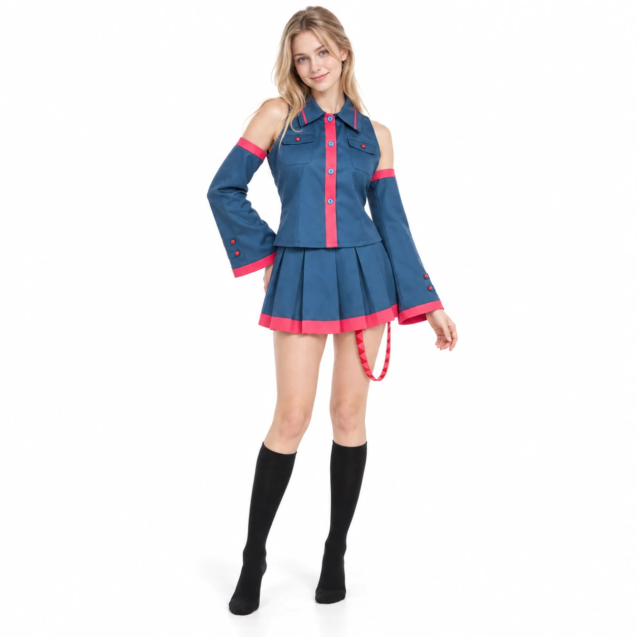 Blå och Röd Anime Skoluniform set med Jacka, Kjol och Armvärmare