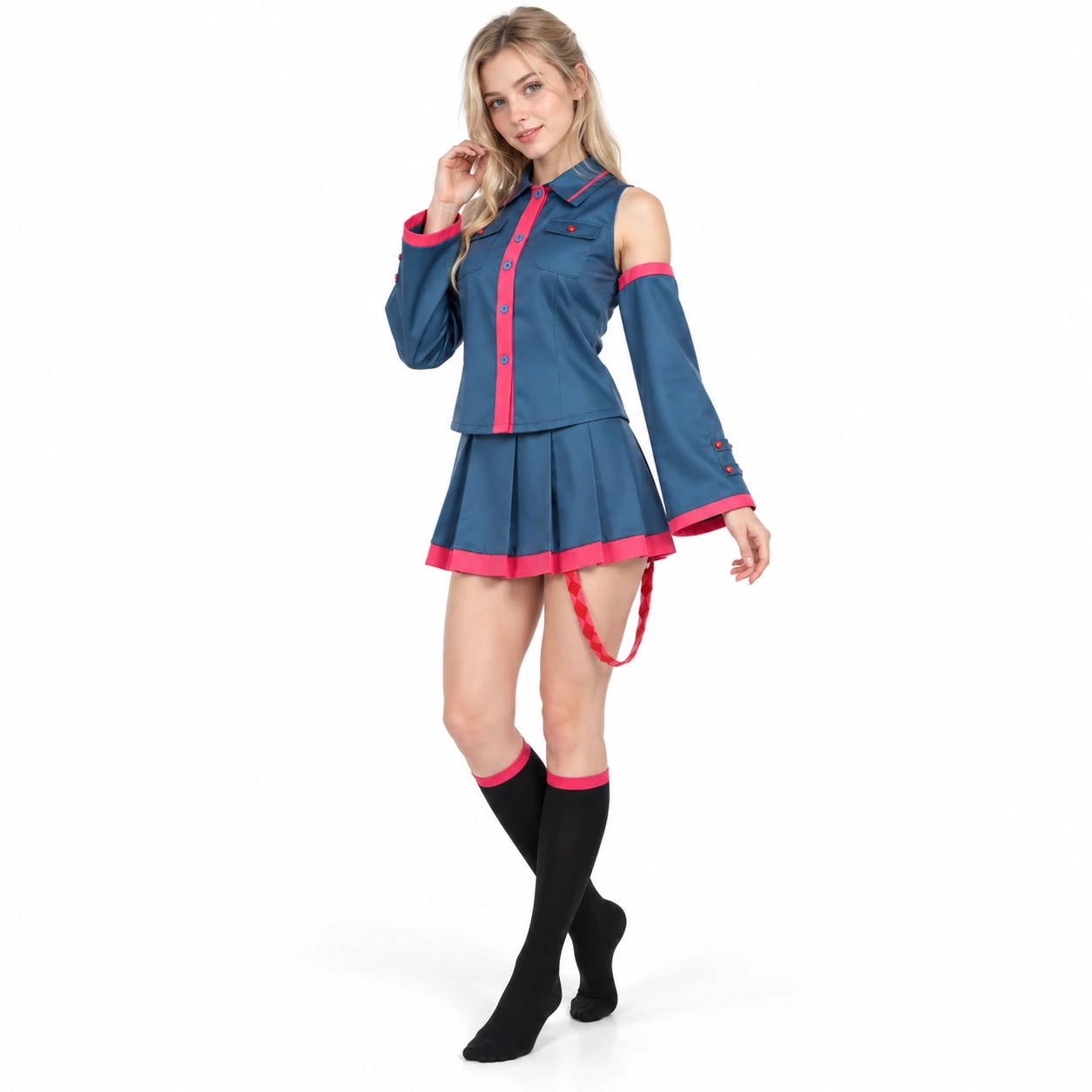 Blå och Röd Anime Skoluniform set med Jacka, Kjol och Armvärmare