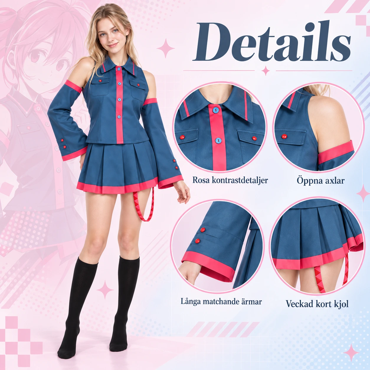 Blå och Röd Anime Skoluniform set med Jacka, Kjol och Armvärmare