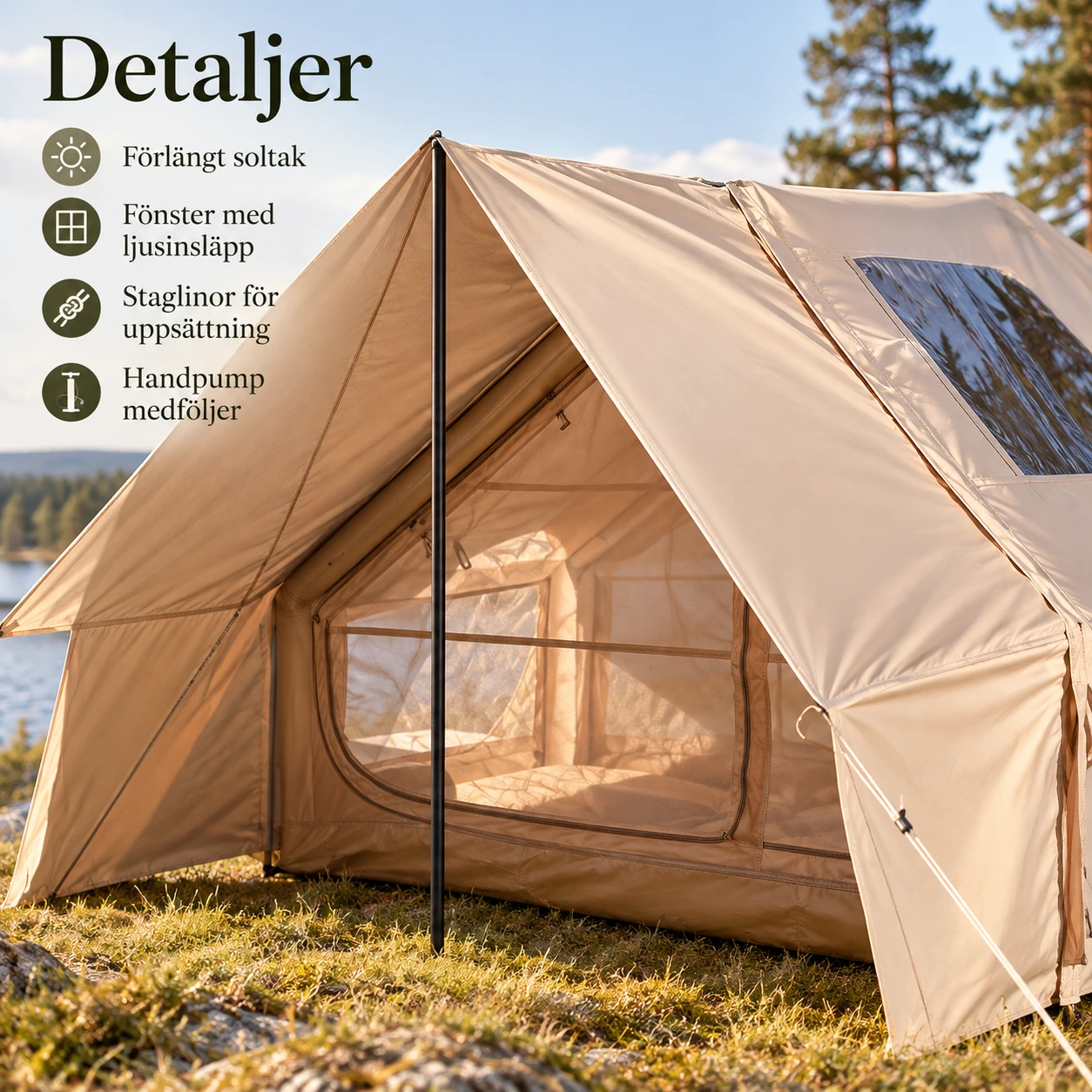 Campingtält med soltak och handpump, 410 x 300 cm