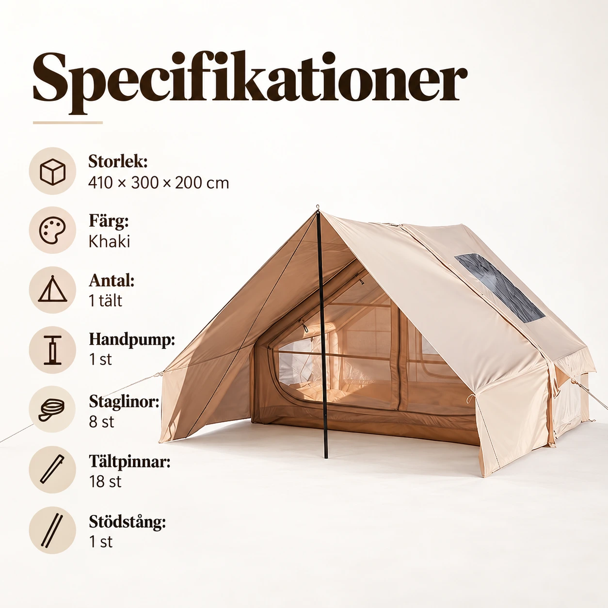 Campingtält med soltak och handpump, 410 x 300 cm