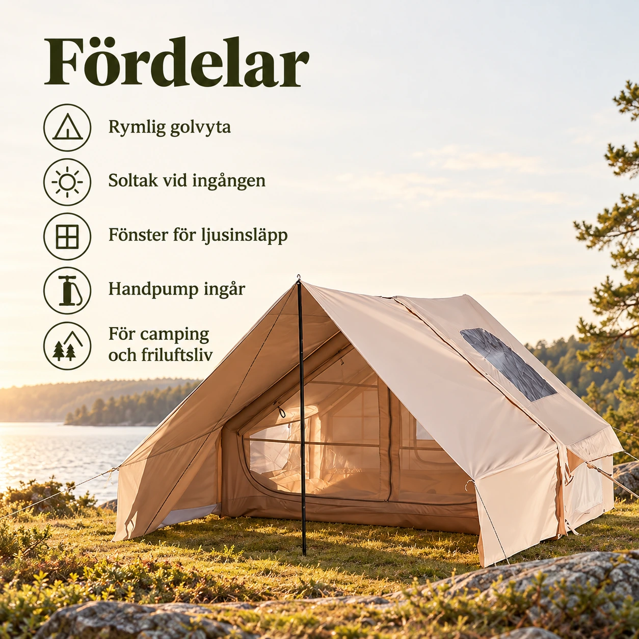 Campingtält med soltak och handpump, 410 x 300 cm