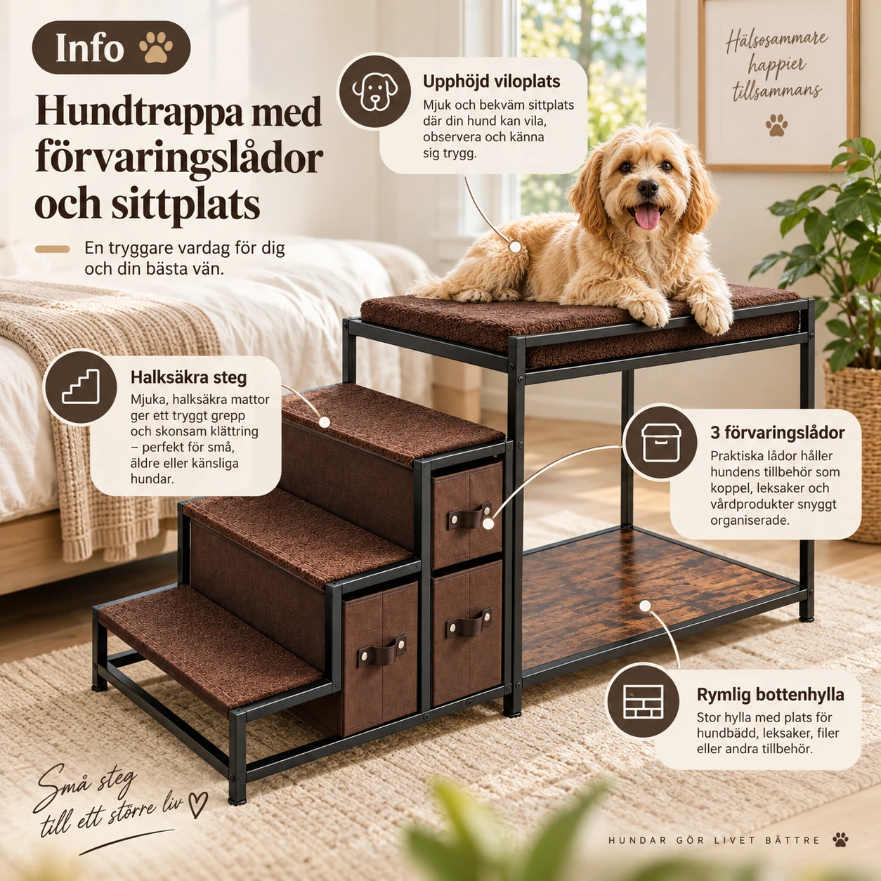 Hundtrappa med förvaringslådor och sittplats