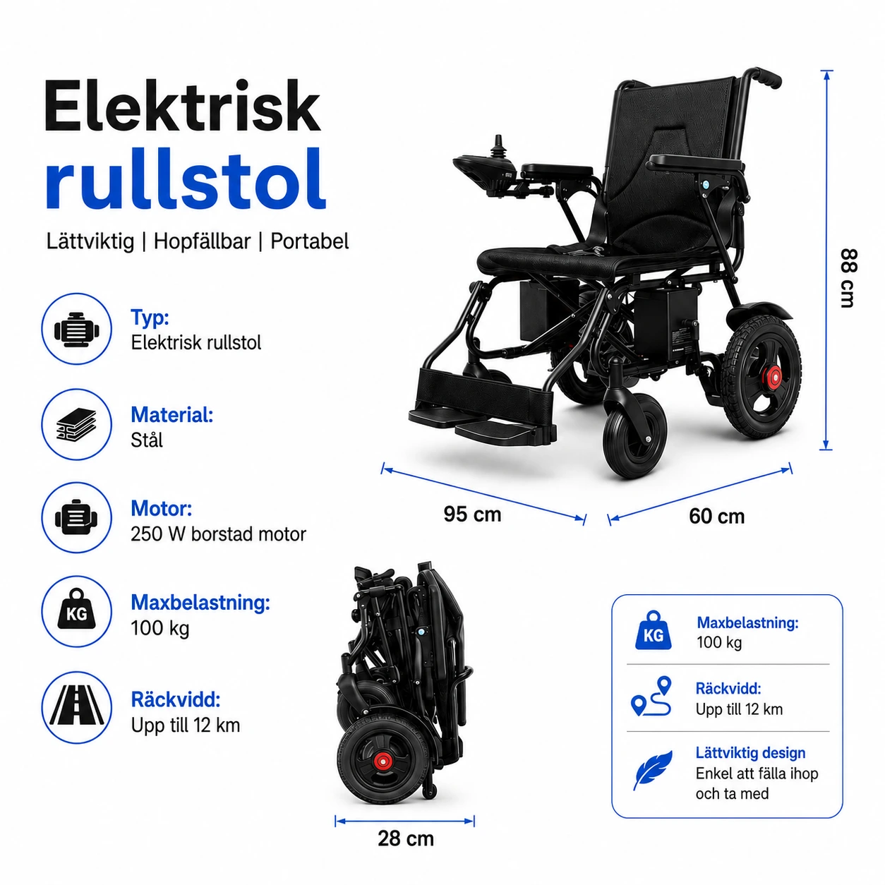 Elektrisk Rullstol Vikbar och Portabel med 250 W Motor