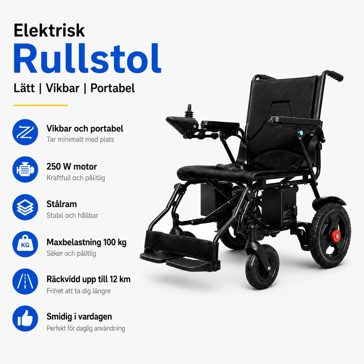 Elektrisk Rullstol Vikbar och Portabel med 250 W Motor