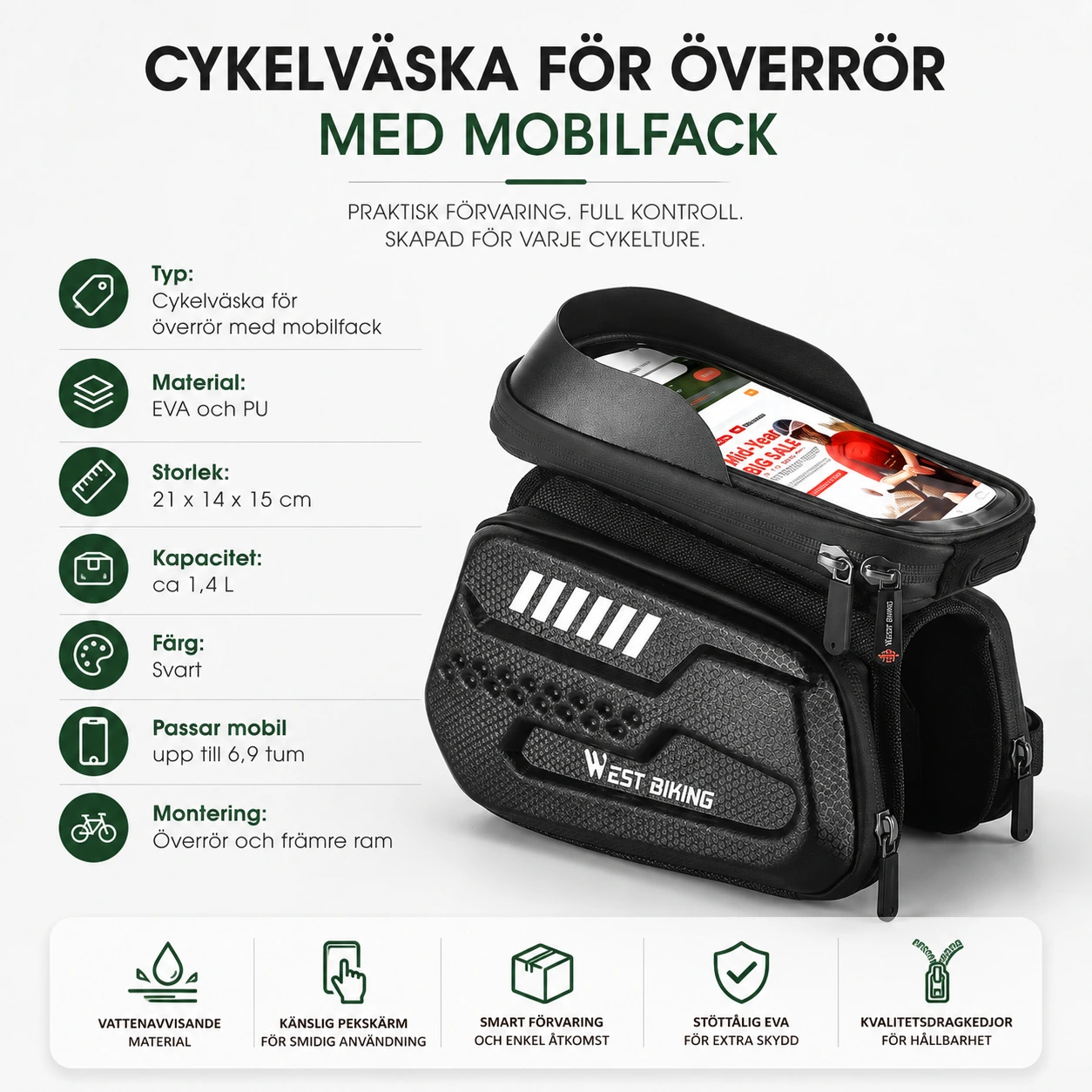 Cykelväska för överrör med mobilfack och touchskärm