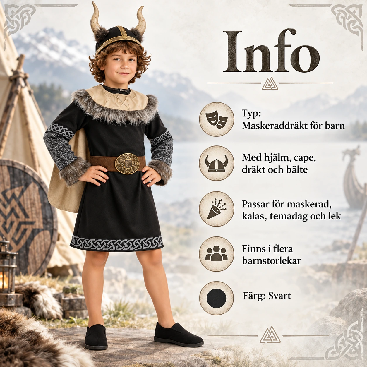 Lasten musta naamiaisasu kypärällä, viitalla ja vyöllä