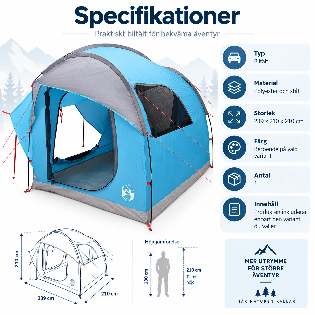 Biltält för camping i polyester och stål