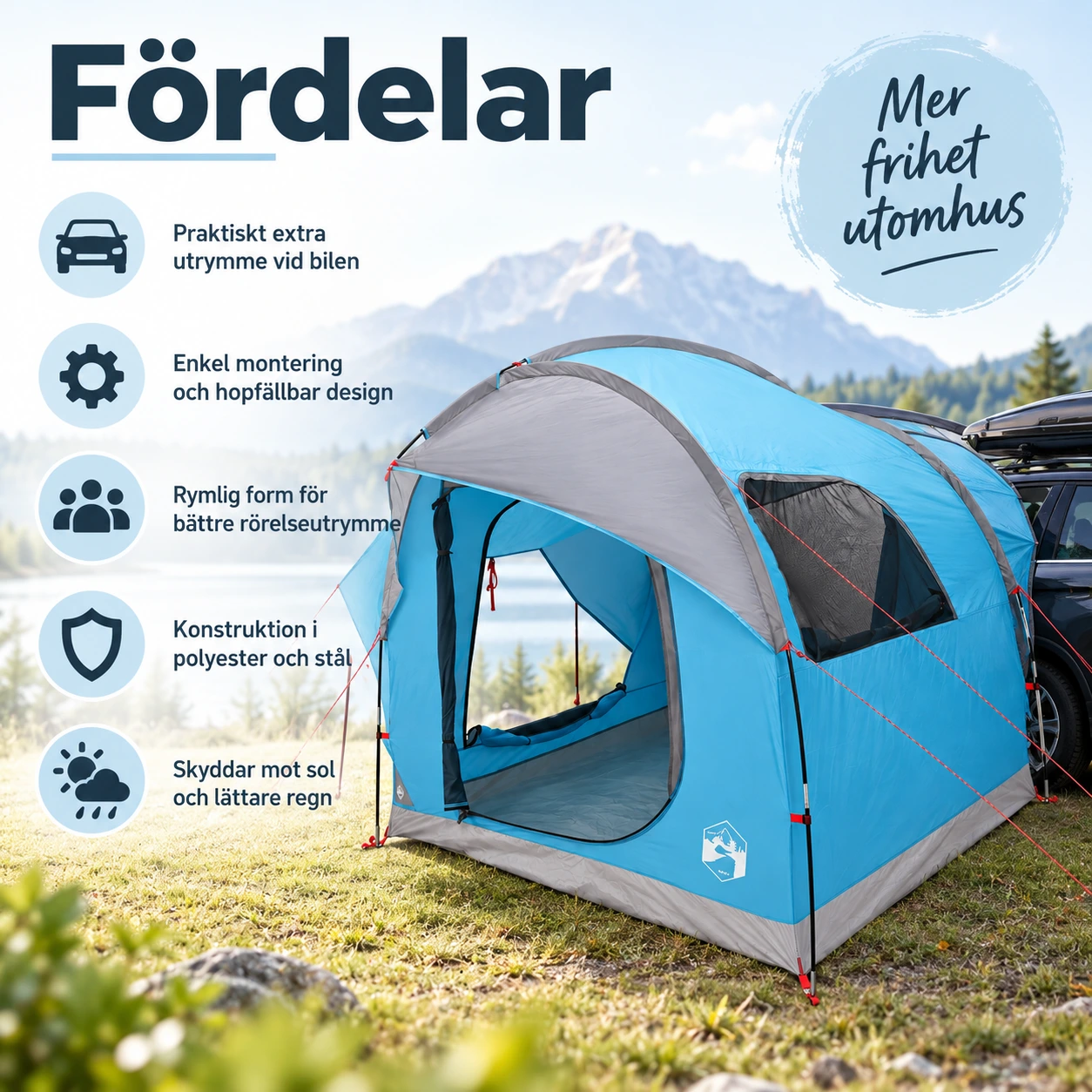 Biltält för camping i polyester och stål