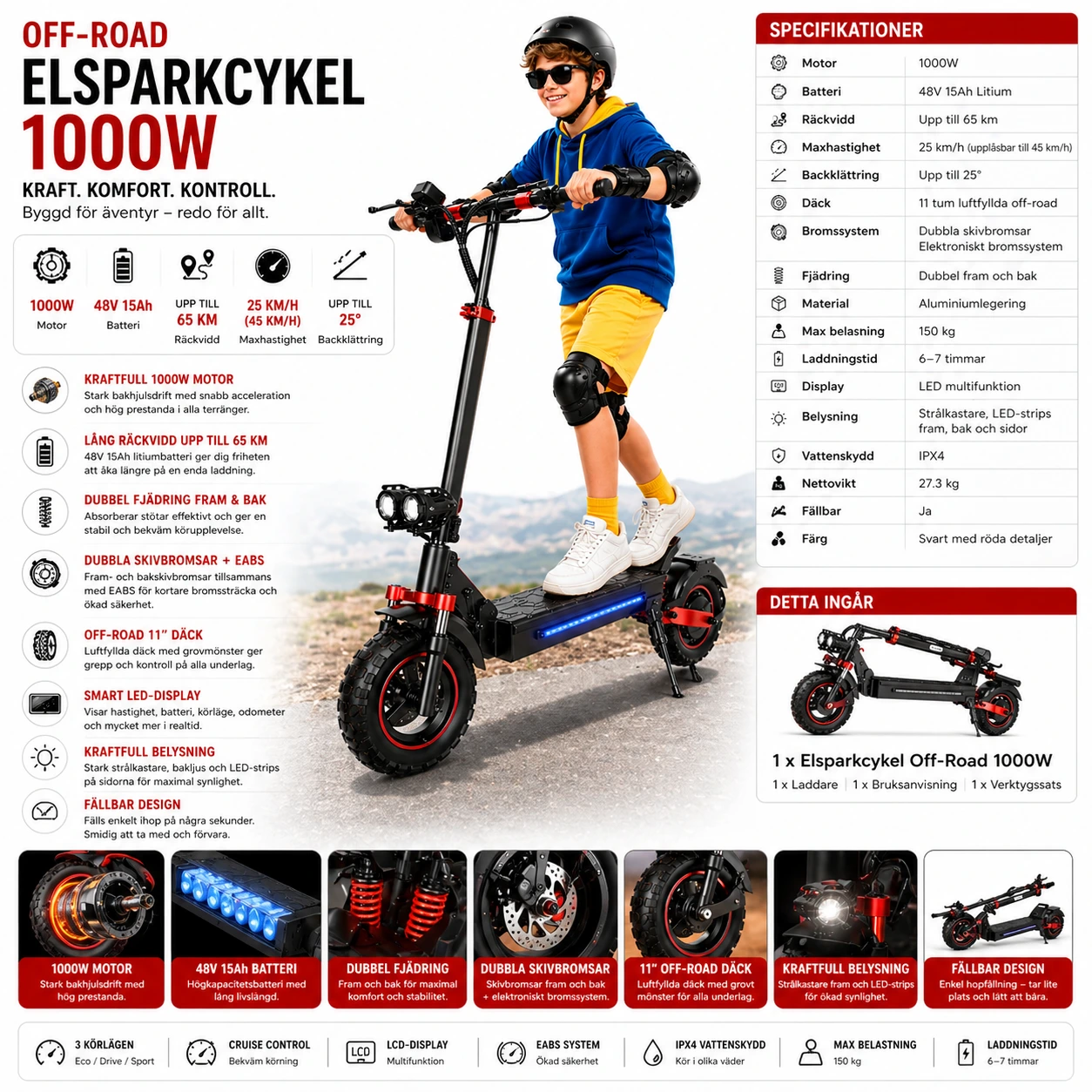 Elsparkcykel 1000W – 48V 15Ah Batteri