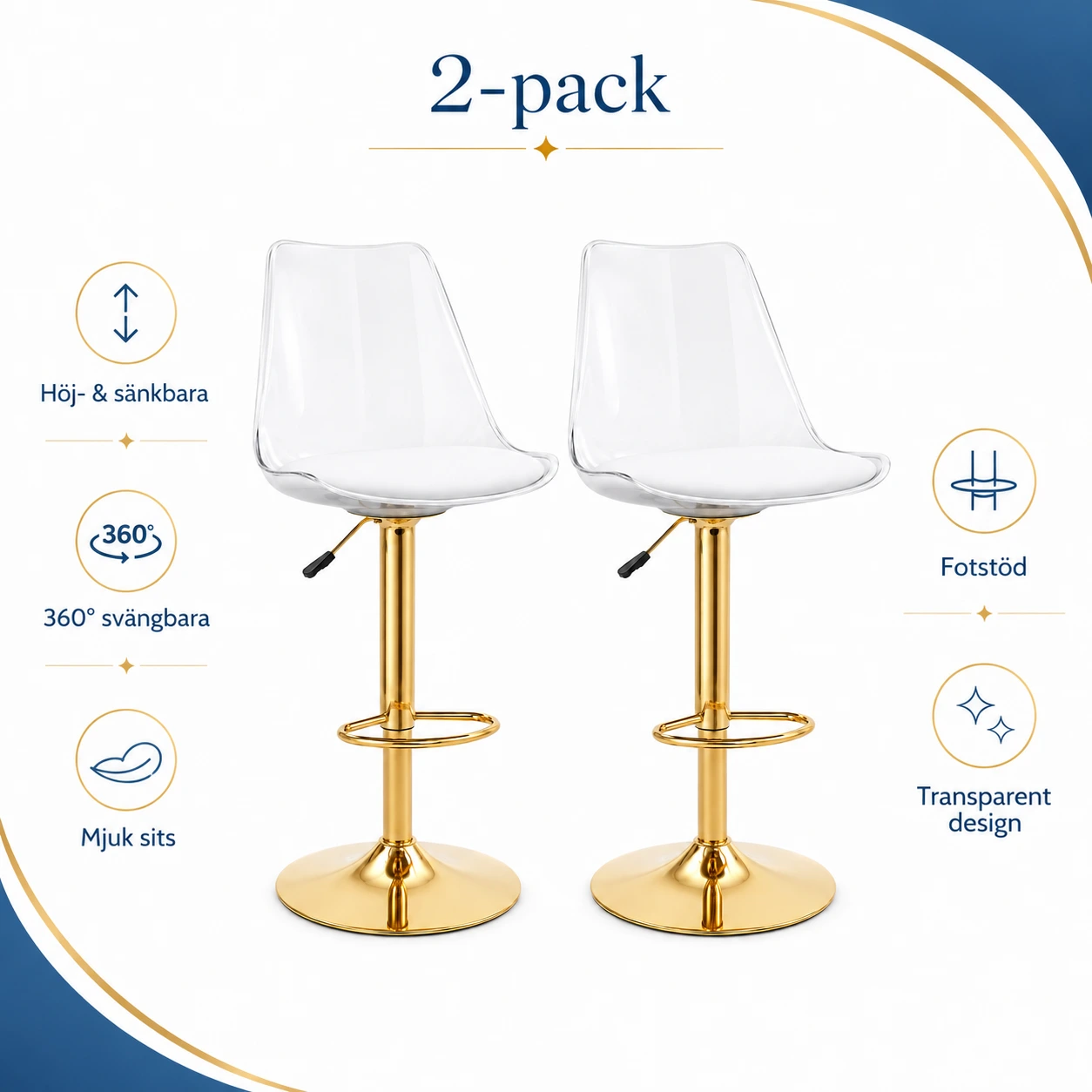 Barstolar 2-Pack Transparent med Guldfärgad Fot
