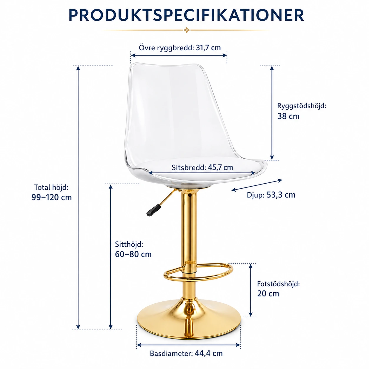 Barstolar 2-Pack Transparent med Guldfärgad Fot