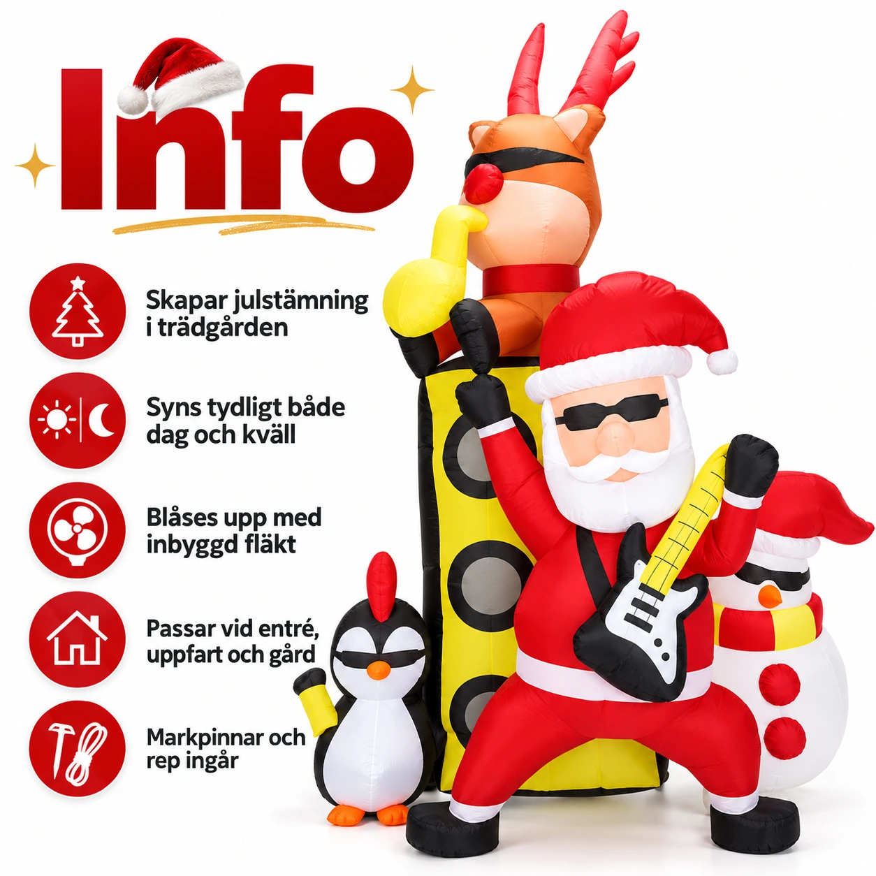 Ilmatäytteinen joulukoriste puutarhaan, joulupukki ja LED