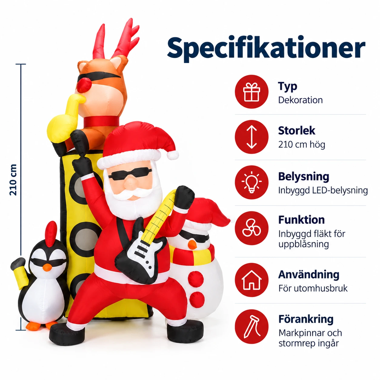 Uppblåsbar juldekoration för trädgård med tomte och LED