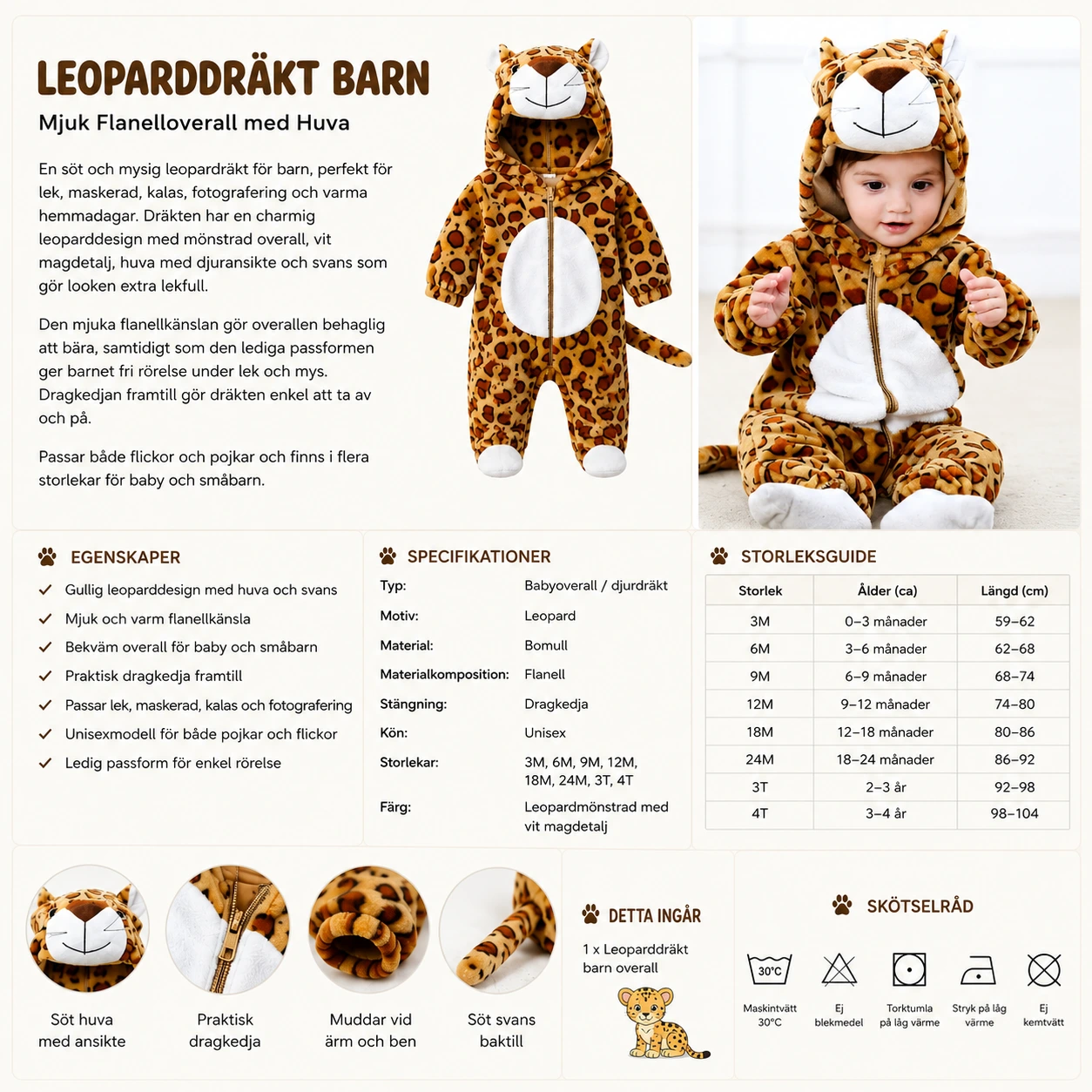 Leoparddräkt Barn – Mjuk Flanelloverall med Huva