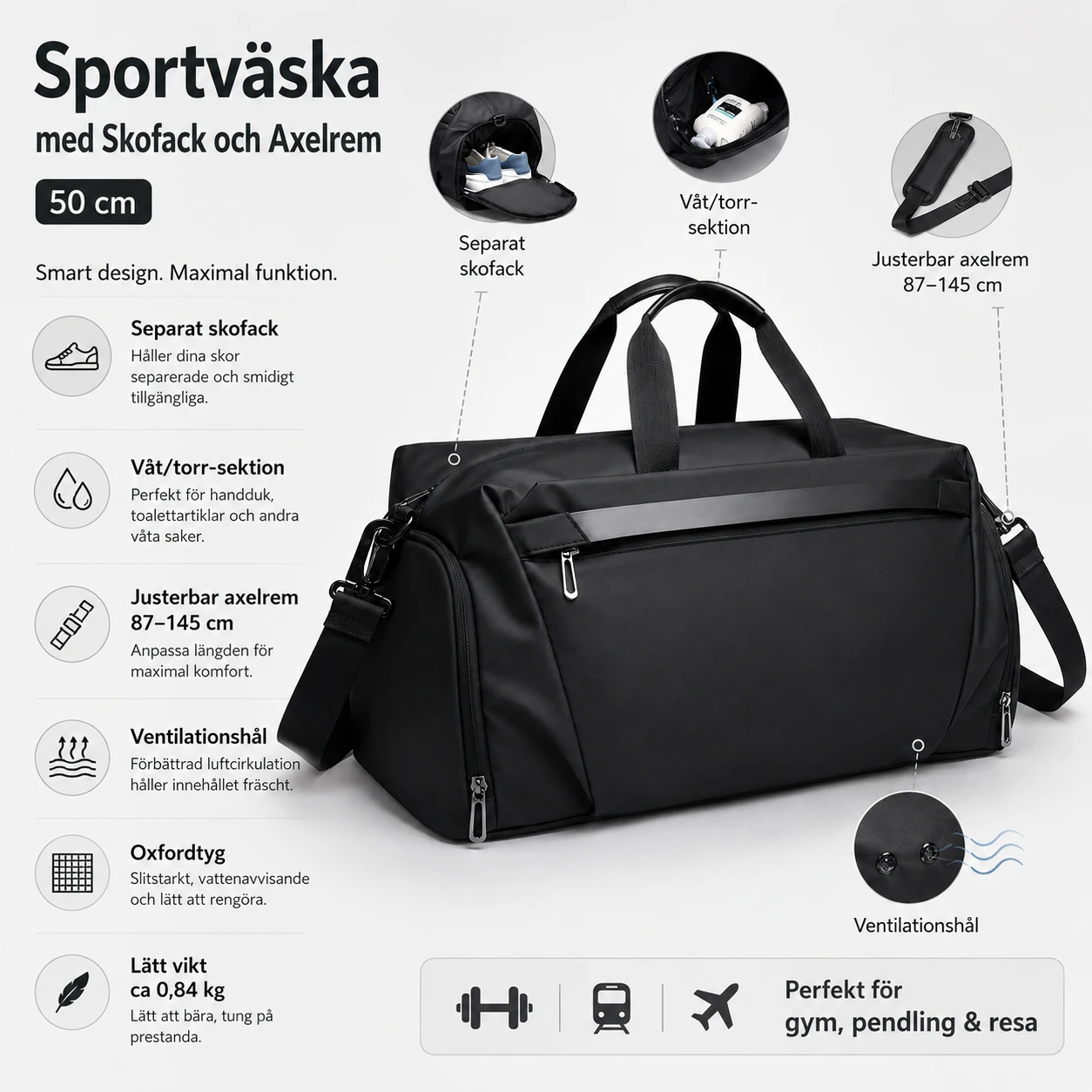 Sportväska med Skofack och Axelrem 50 cm