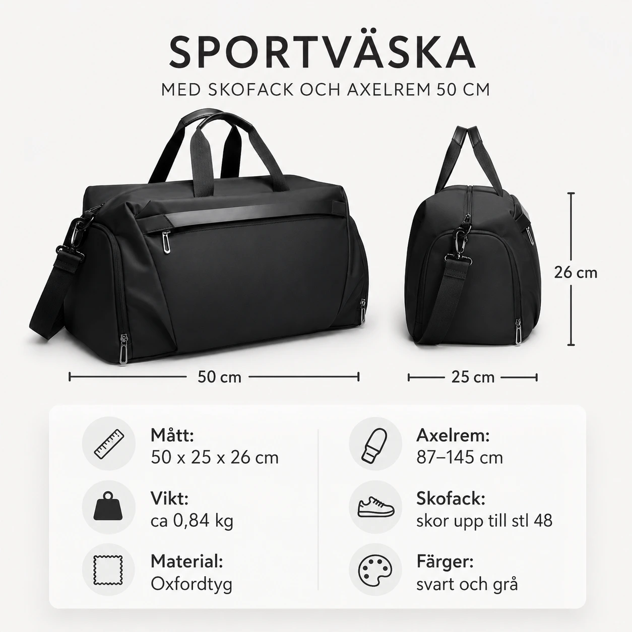 Sportväska med Skofack och Axelrem 50 cm