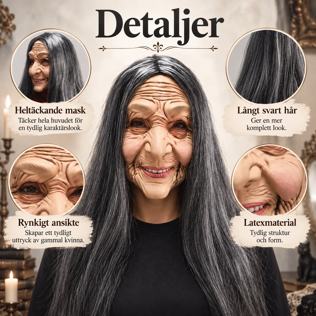 Mask gammal kvinna i latex med långt svart hår